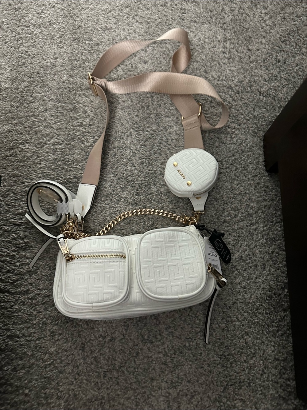 ALDO White Quilted Crossbody Bag with Blush Strap and Gold Chain